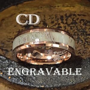 Engraved Men's Real Rose Gold Tungsten Wedding Ring - Deer Antler Inlay 14K RG